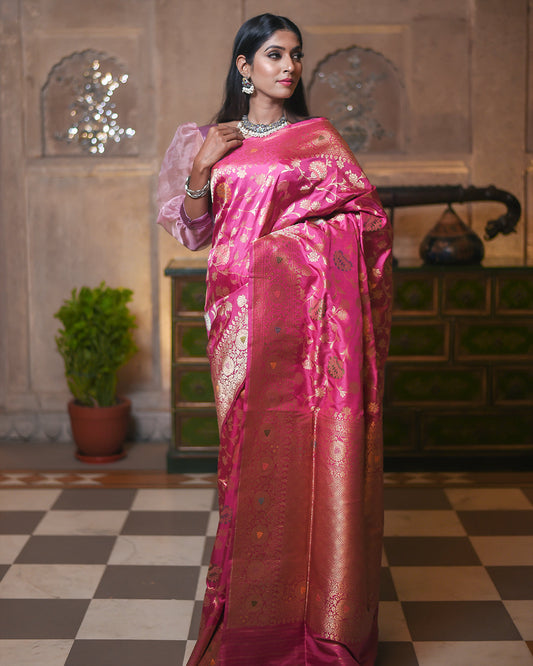 Pink Katan Pure Silk Handwoven Saree - Panaya