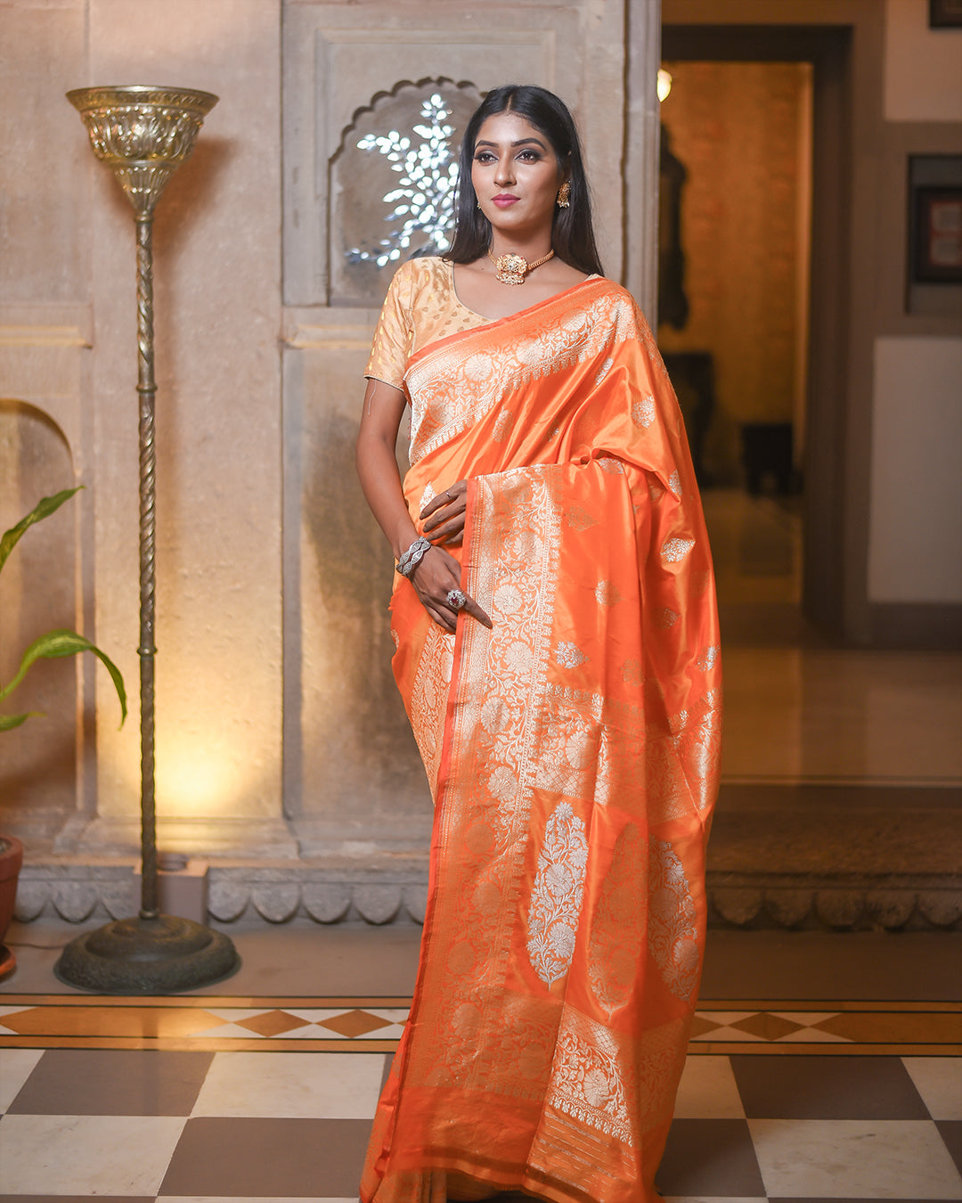 Orange Handwoven Kadwa Katan Silk Saree - Panaya