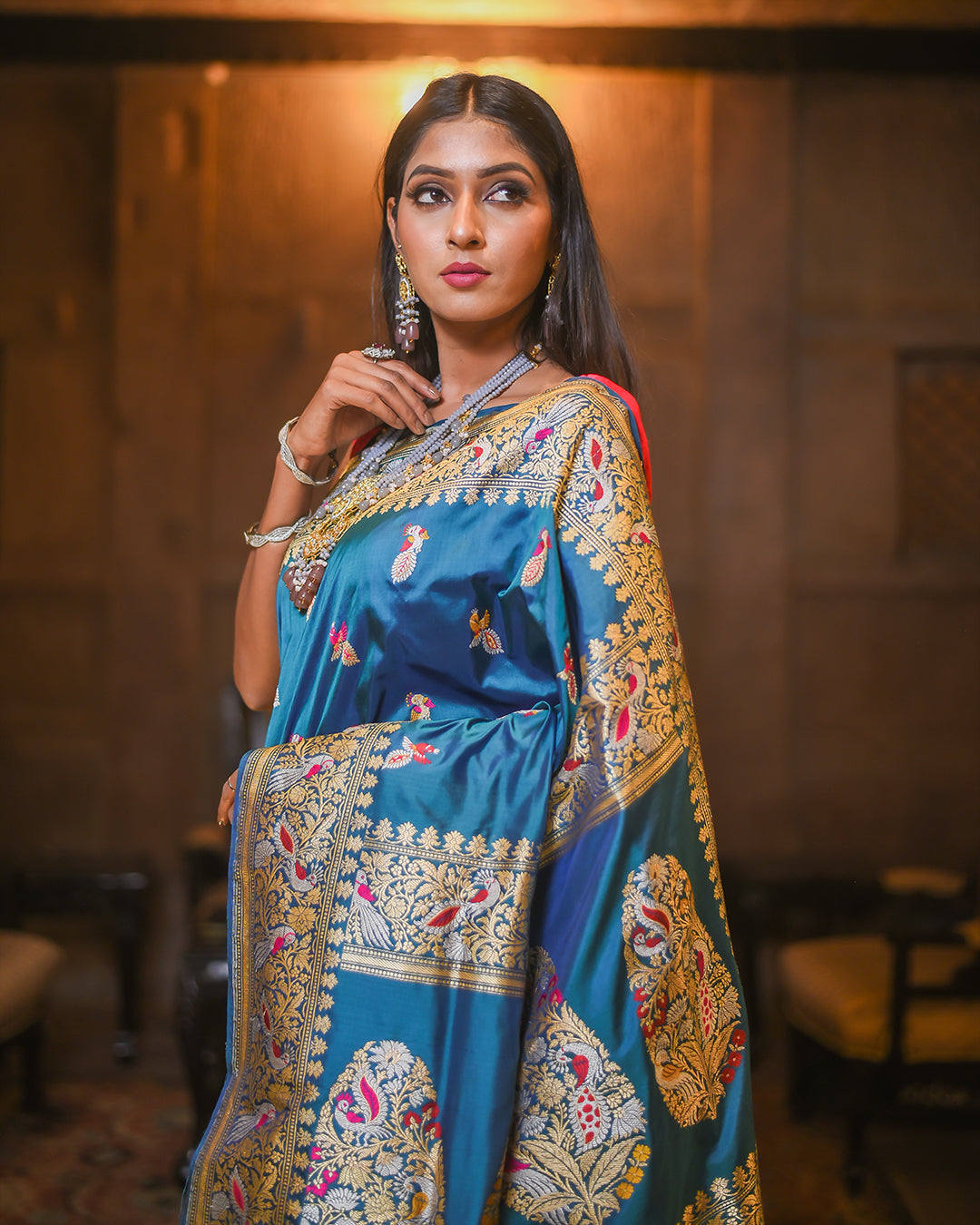 Teal Handwoven Kadwa Katan Silk Saree - Panaya