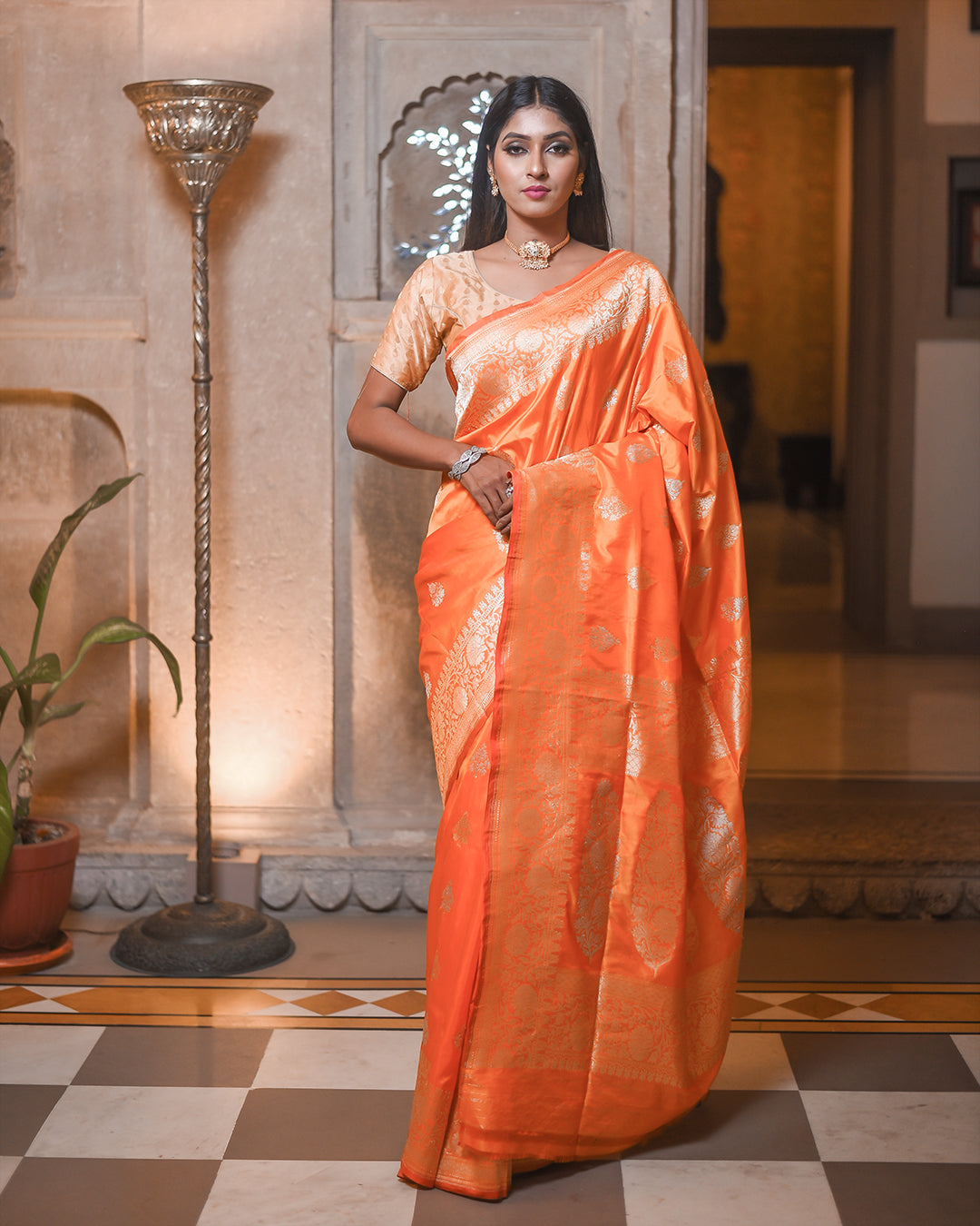 Orange Handwoven Kadwa Katan Silk Saree - Panaya