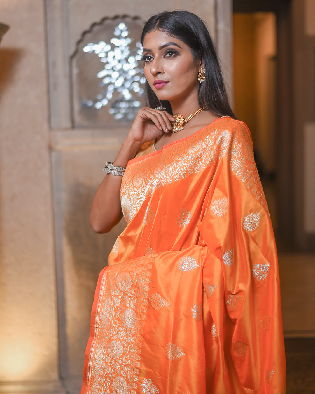 Orange Handwoven Kadwa Katan Silk Saree - Panaya