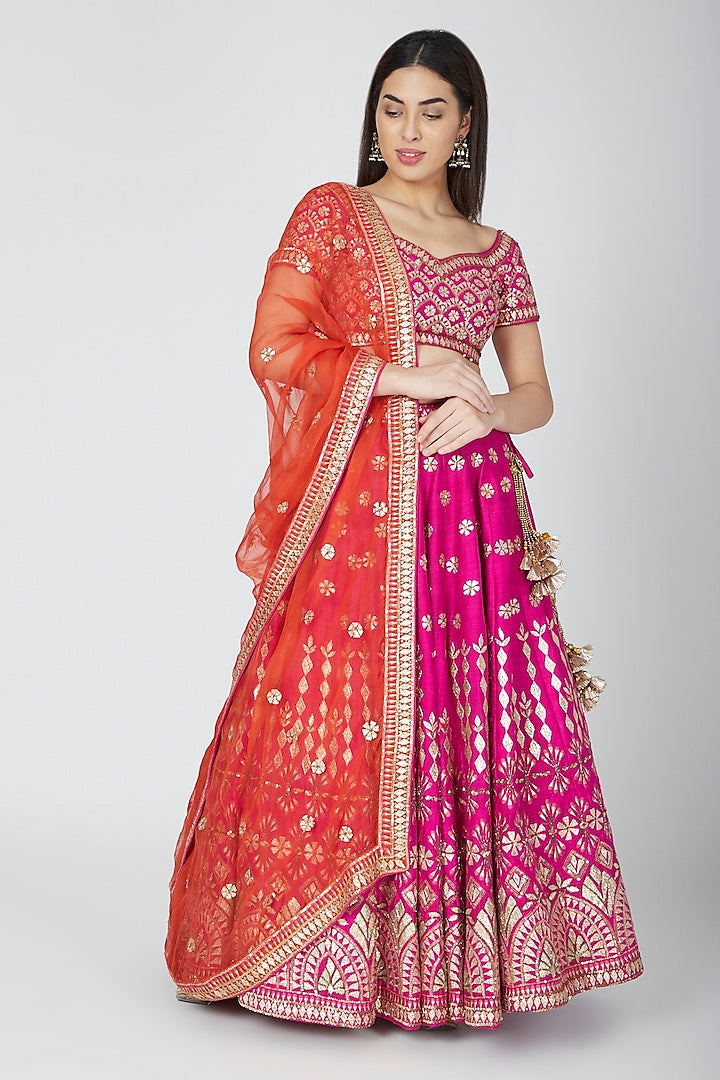 Dark Pink and Orange Color Raw Silk Sequins Work Lehenga Set