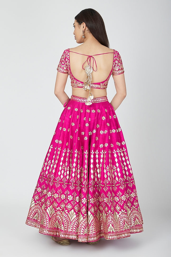 Dark Pink and Orange Color Raw Silk Sequins Work Lehenga Set