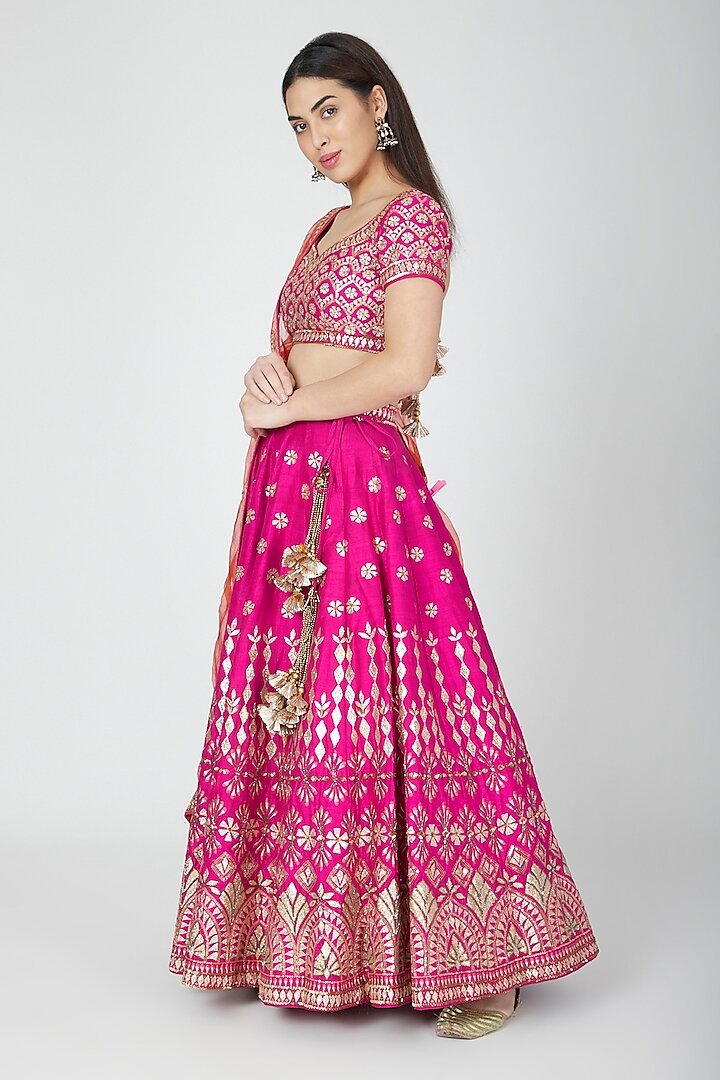 Dark Pink and Orange Color Raw Silk Sequins Work Lehenga Set