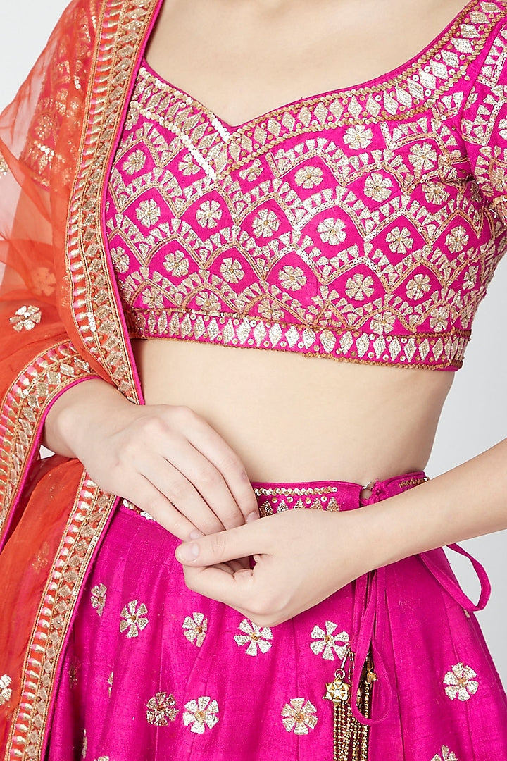 Dark Pink and Orange Color Raw Silk Sequins Work Lehenga Set