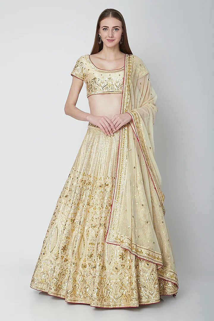 Off White Raw Silk Round Gota Patti Embroidered Lehenga Set