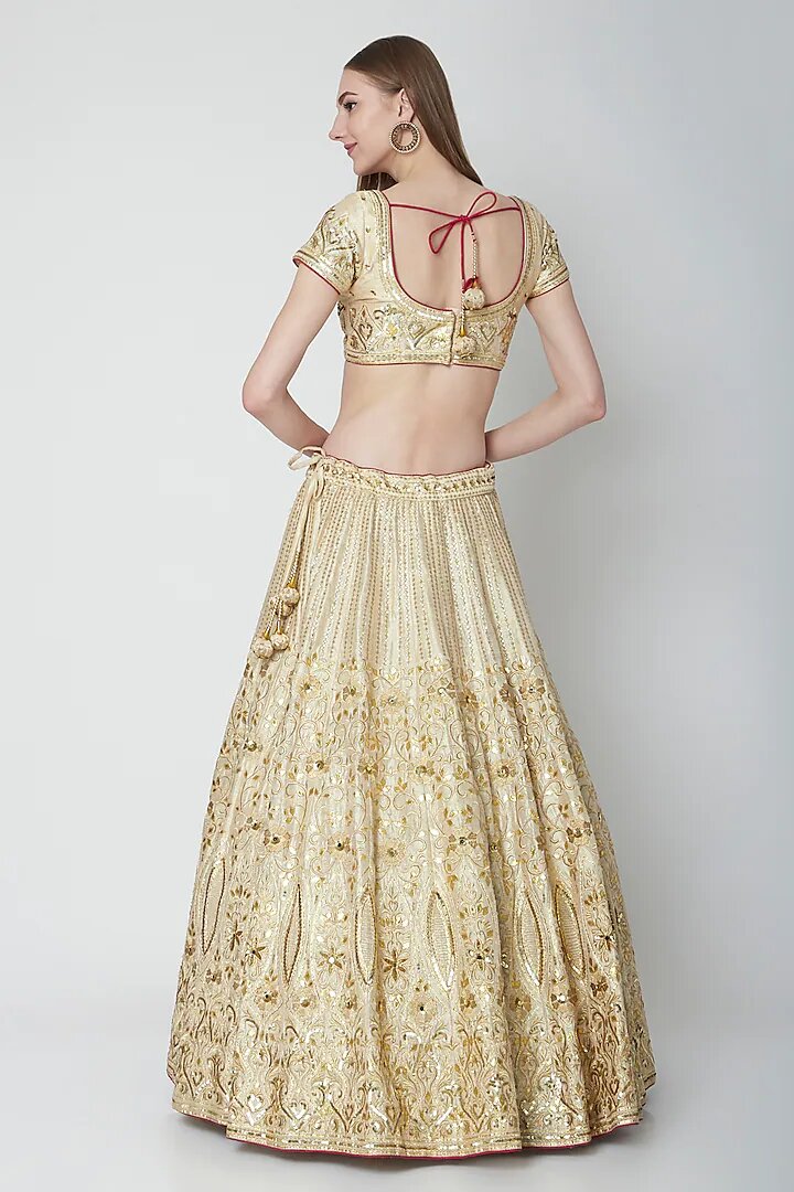 Off White Raw Silk Round Gota Patti Embroidered Lehenga Set