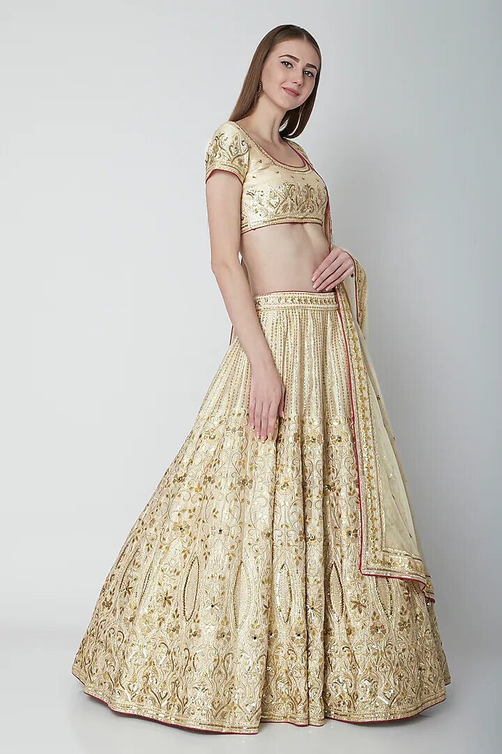 Off White Raw Silk Round Gota Patti Embroidered Lehenga Set