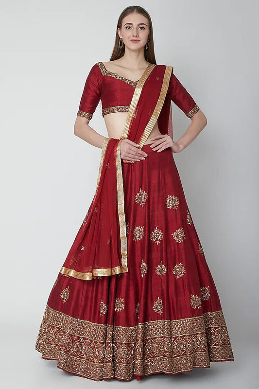 Maroon Silk Sweetheart Neck Nakshi, Gota Embroidered Lehenga Set