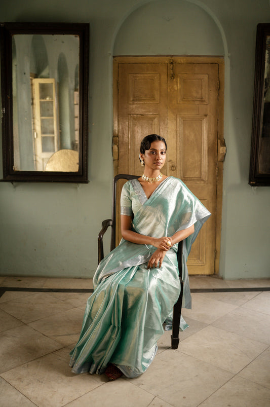 Empress of the ocean I Handwoven mulberry silk tissue saree