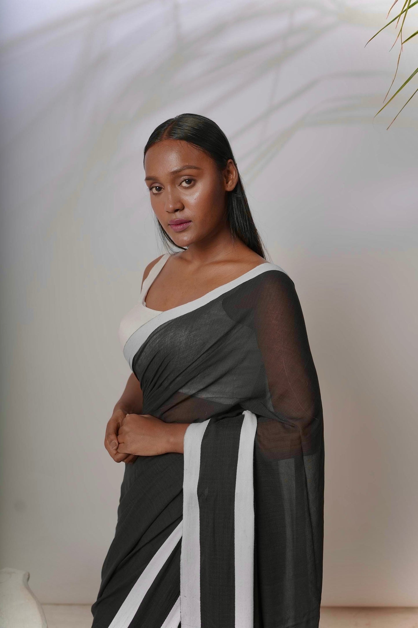 Enigma I Black cotton handloom saree with white coloured twill jacquard border