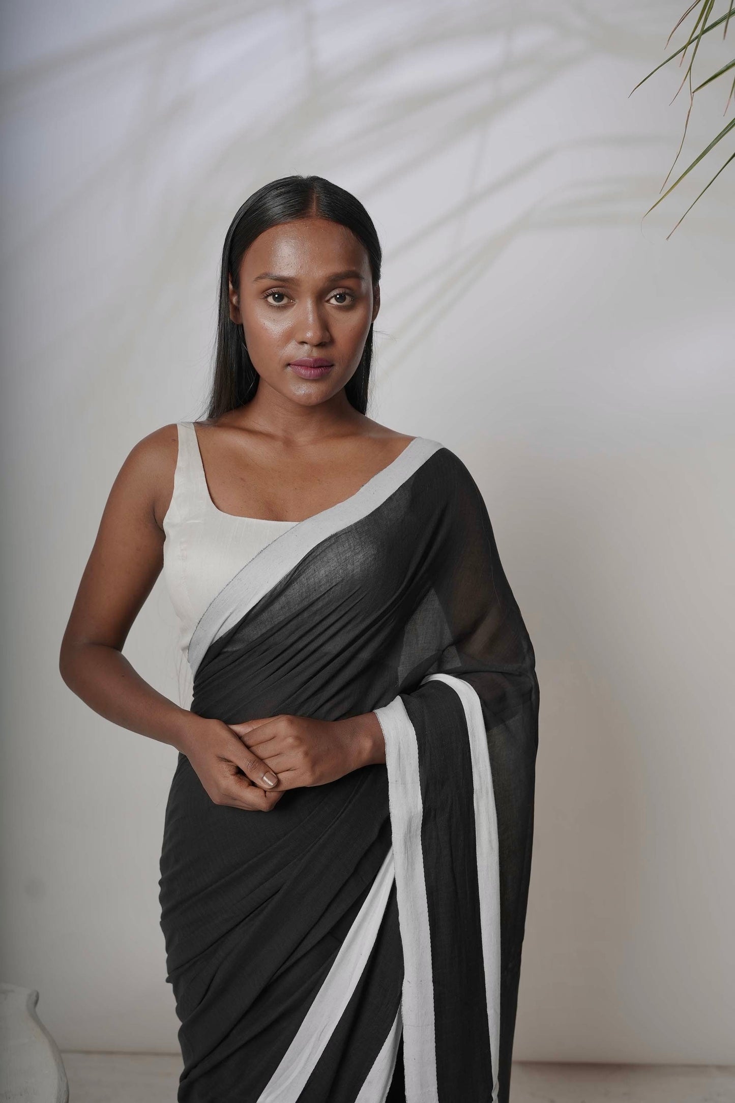 Enigma I Black cotton handloom saree with white coloured twill jacquard border