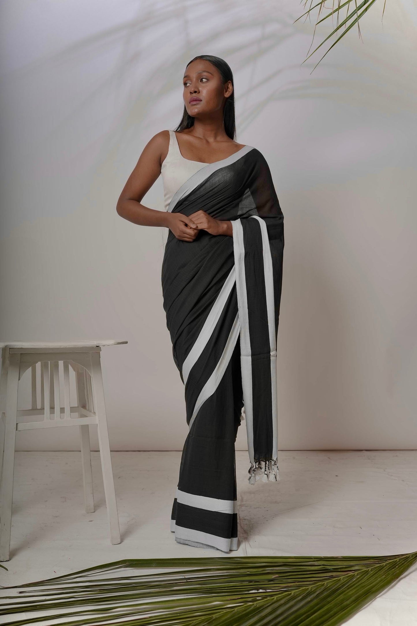 Enigma I Black cotton handloom saree with white coloured twill jacquard border