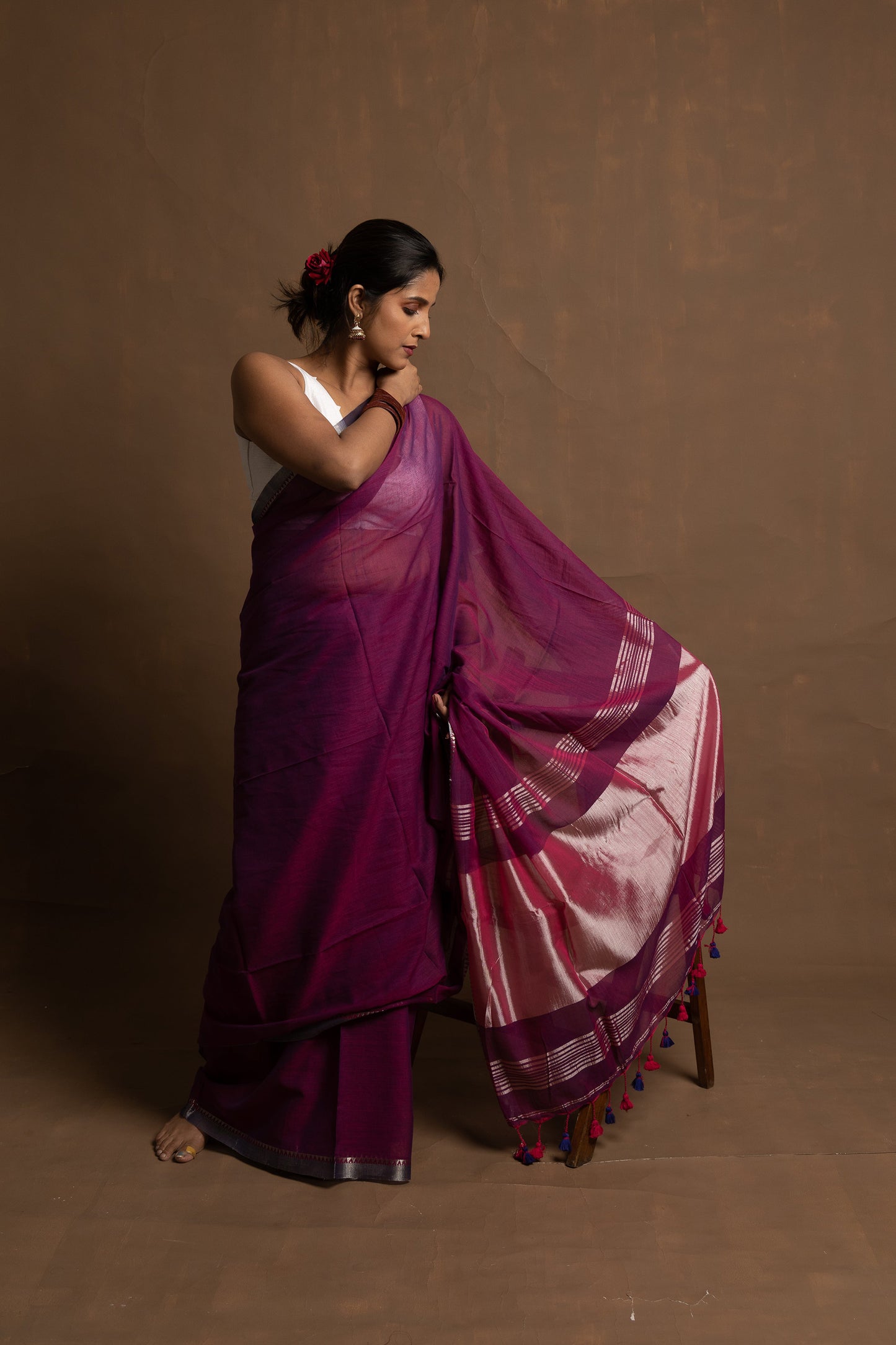 Eternal purple flower | Handloom purple cotton saree with zari border