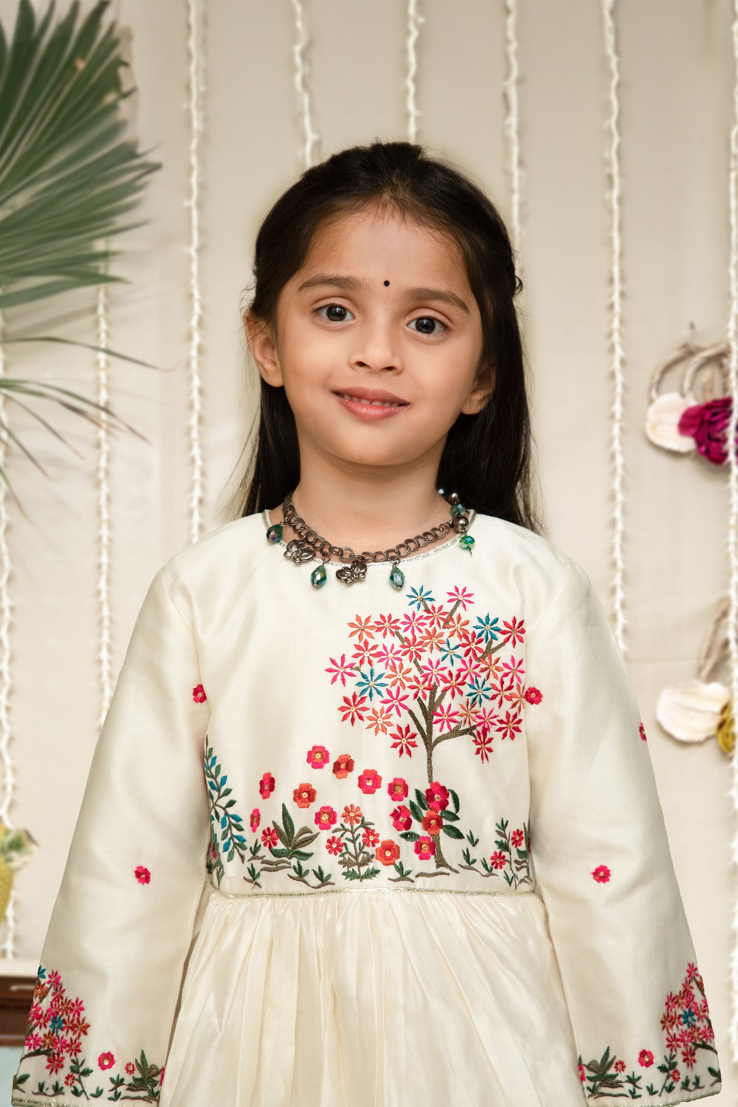 Ivory Floral Embroided Handwoven Chanderi kids Anarkali