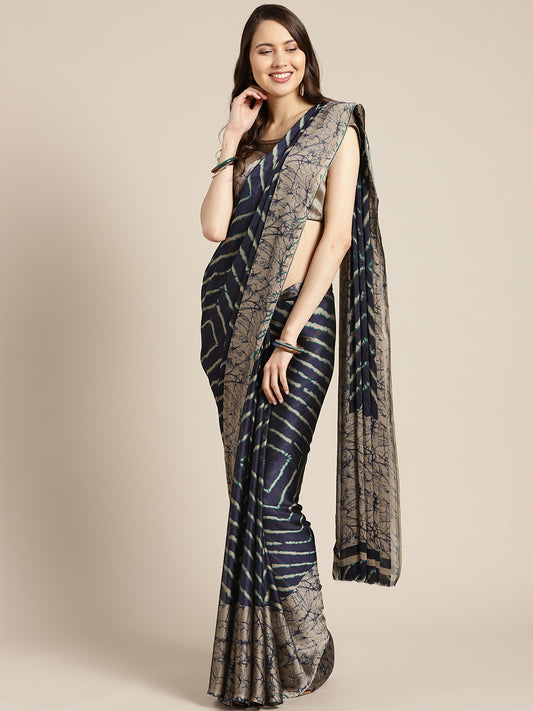 Navy & Grey Striped Crepe Saree With Blouse