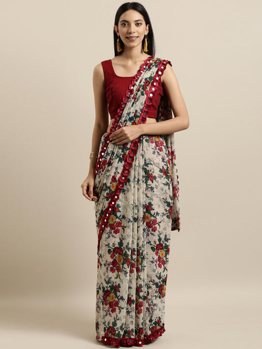 Off White & Red Floral Crepe Print Saree With Blouse