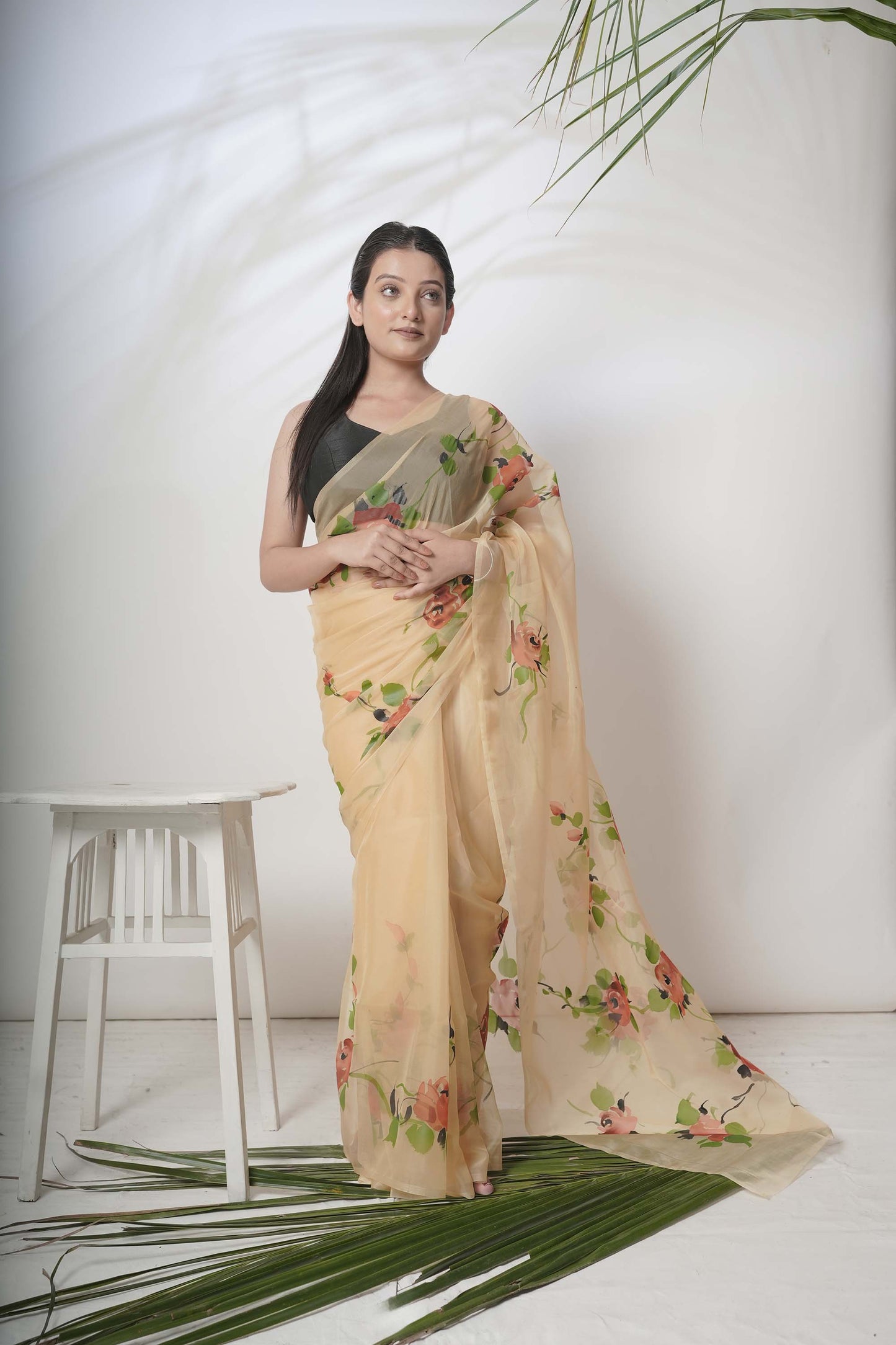 Floral Canvas | Beige Floral Handpainted Organza Saree