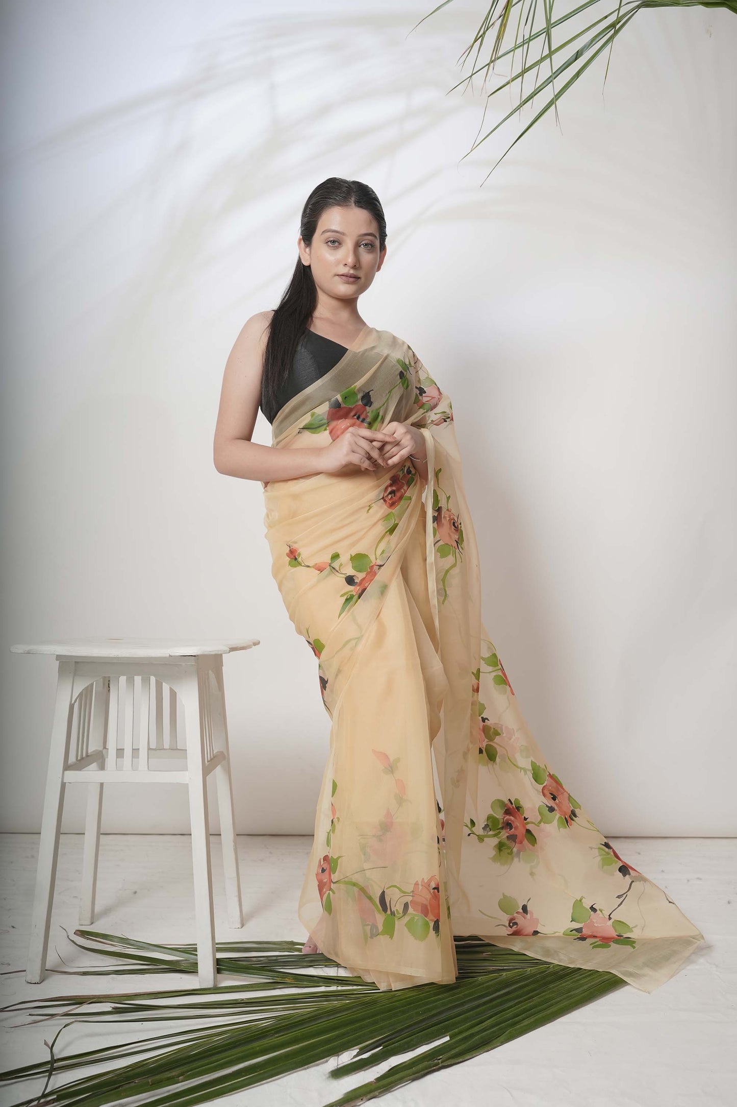 Floral Canvas | Beige Floral Handpainted Organza Saree