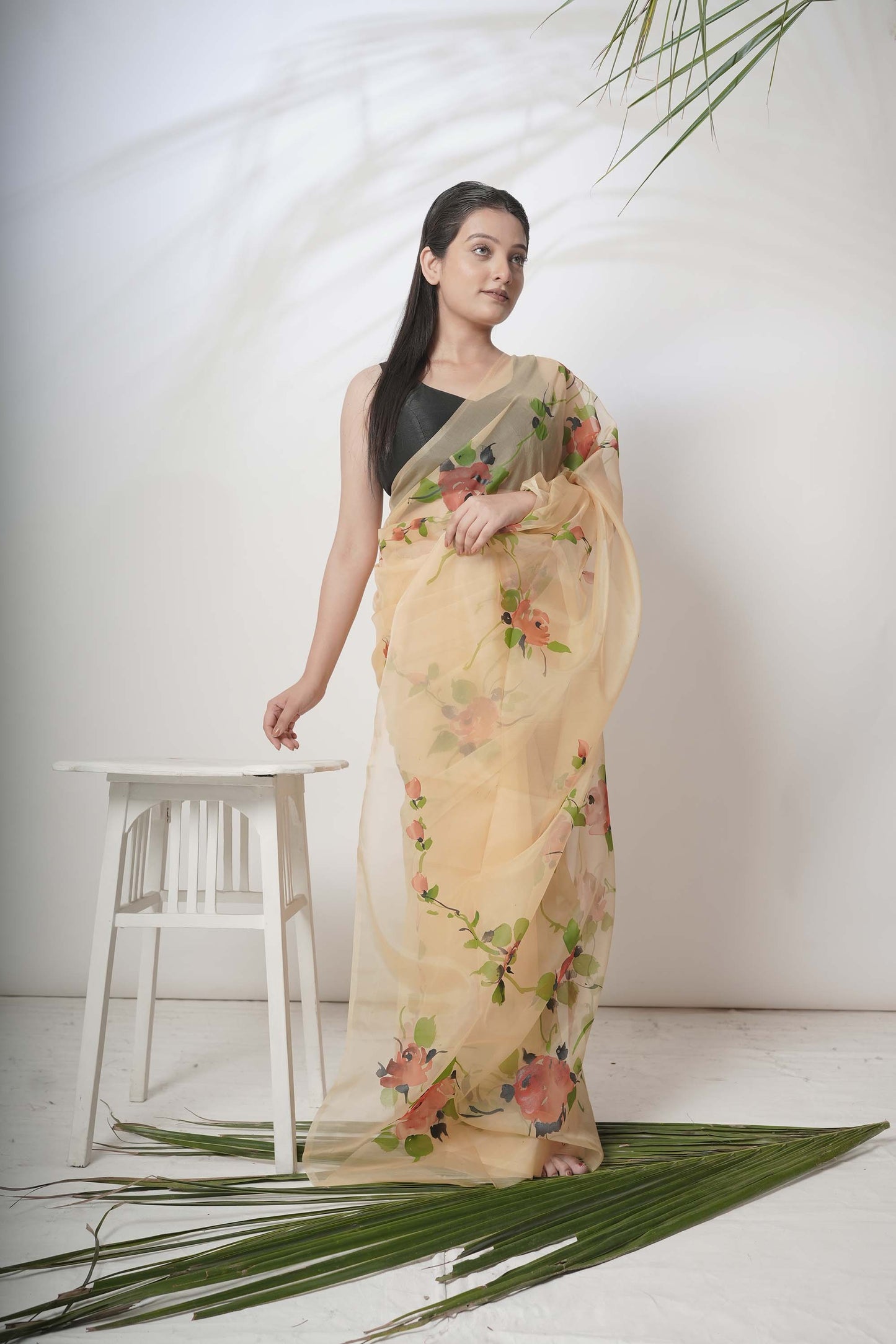 Floral Canvas | Beige Floral Handpainted Organza Saree