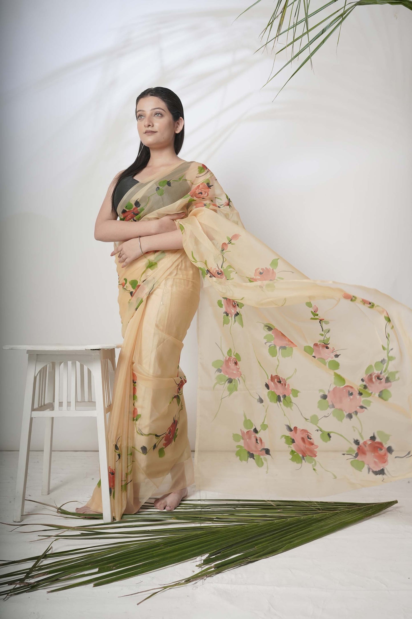 Floral Canvas | Beige Floral Handpainted Organza Saree