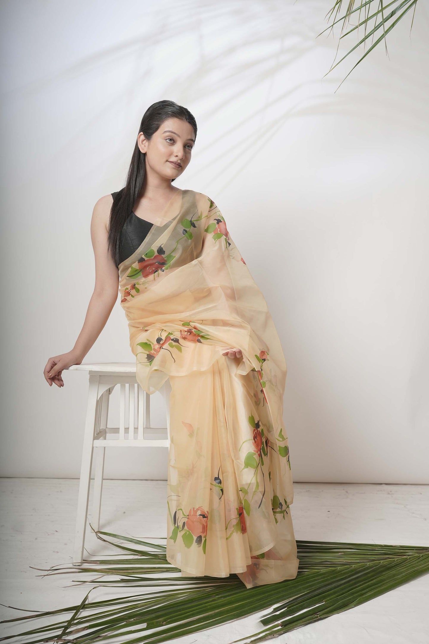 Floral Canvas | Beige Floral Handpainted Organza Saree