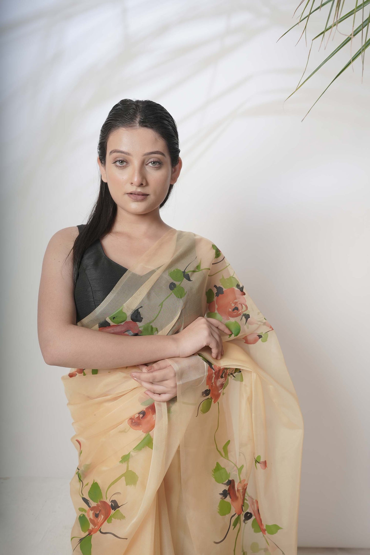 Floral Canvas | Beige Floral Handpainted Organza Saree