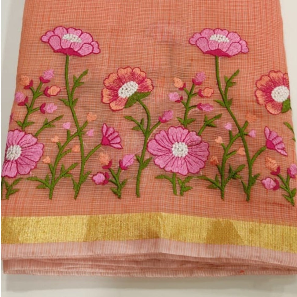 Elegant Embroidered Pink Flower Linen Saree | Embroidered Linen Saree By Rank Never Retires