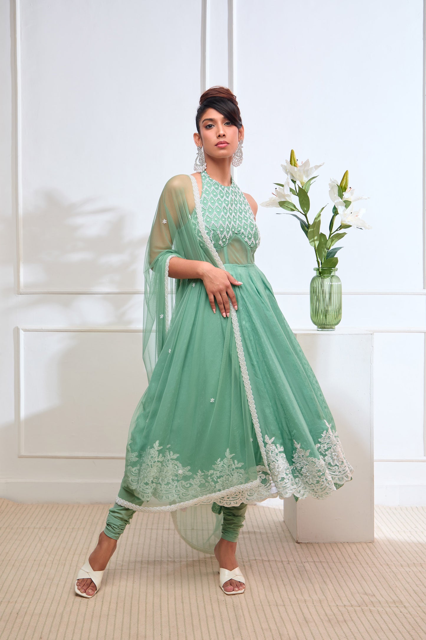 Green Organza jamdani halter corset Anarkali