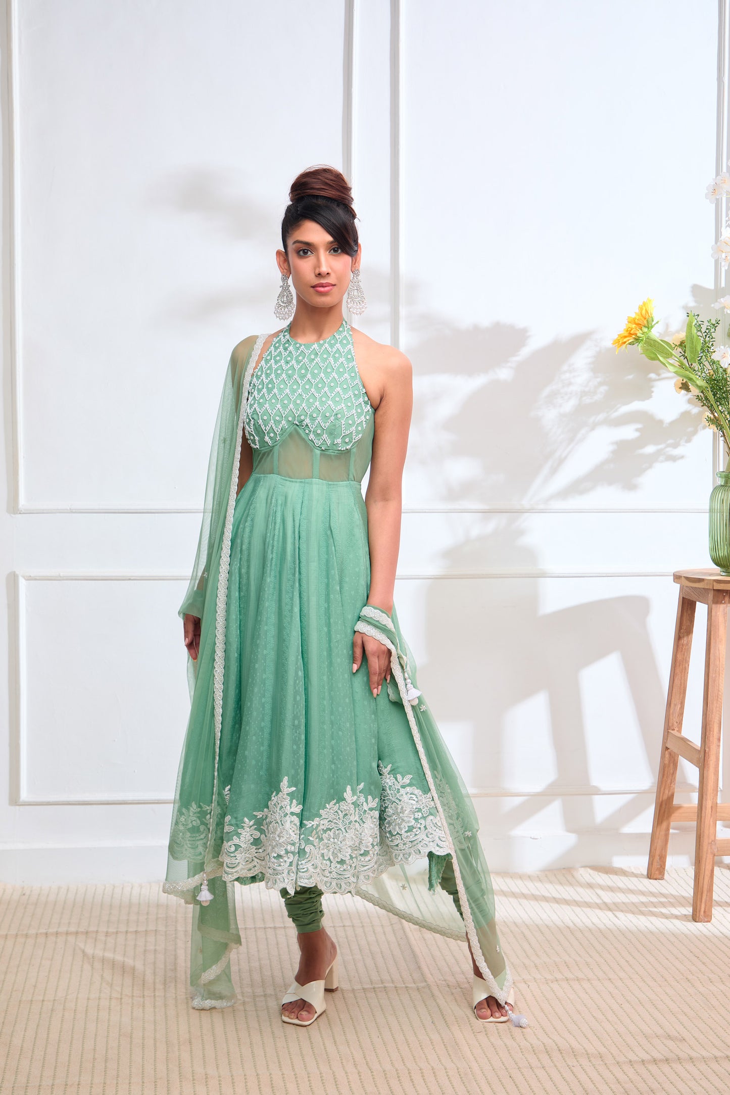 Green Organza jamdani halter corset Anarkali