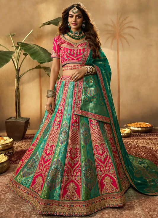 Green Banarasi Silk Resham Embroidered A Line Royal Bridal Lehenga