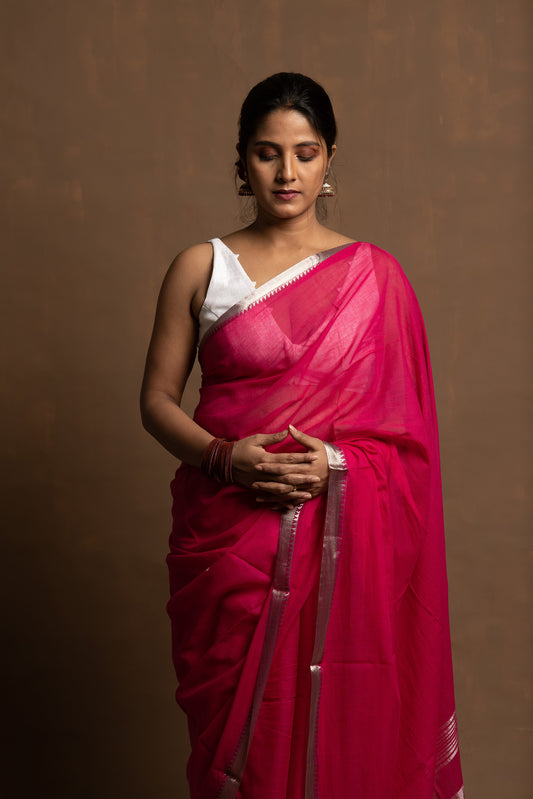 Gulab phool I Pink handloom mul cotton saree with zari border