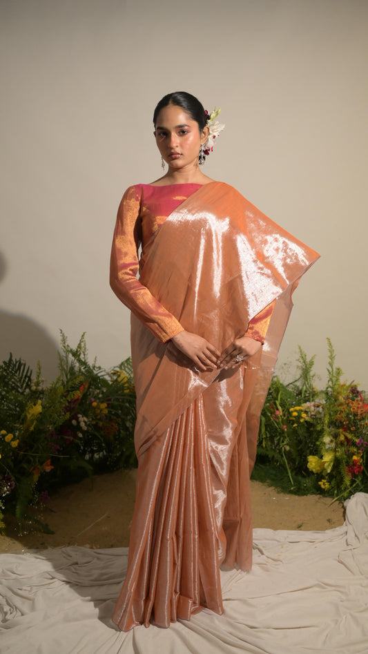 Gulmohar Mirage I Neon Orange Tissue Saree