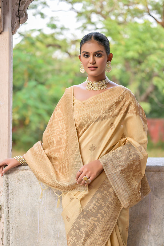 Cream Handloom Raw silk contrast woven Saree