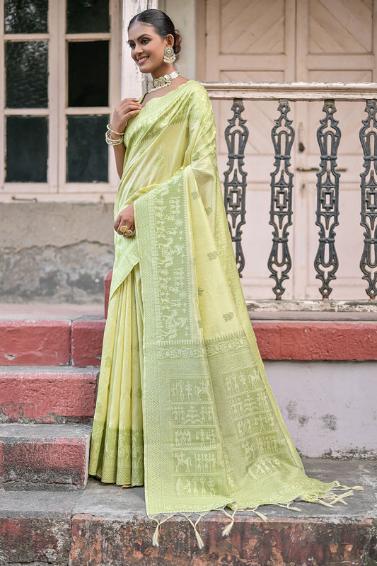 Mehendi Handloom Raw silk contrast woven Saree