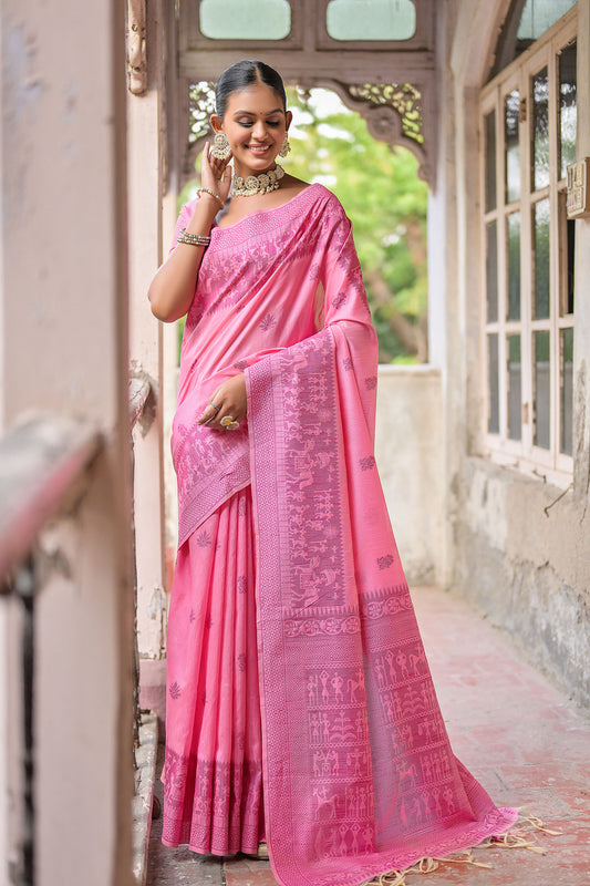 Pink Handloom Raw silk contrast woven Saree