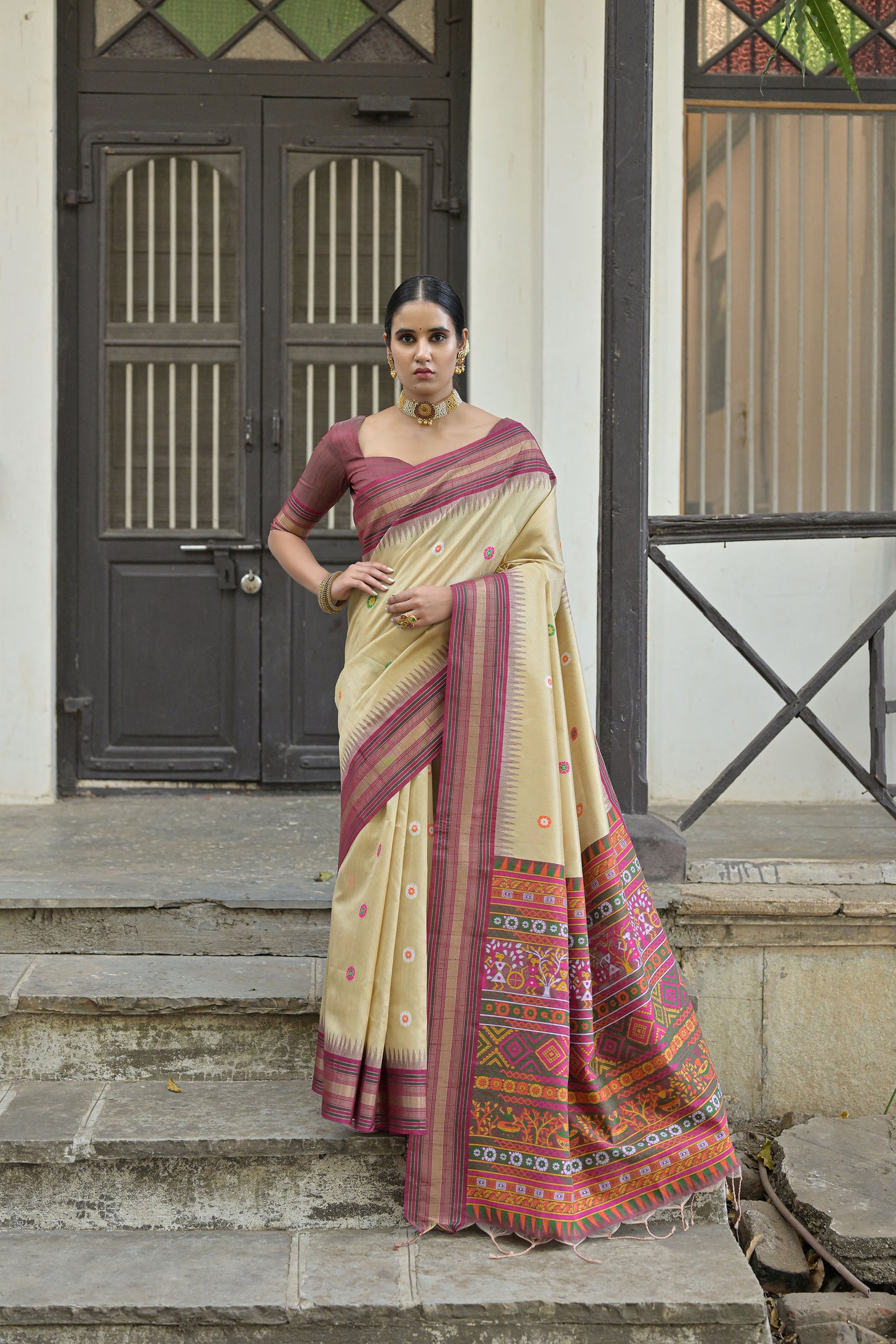 Chiku Handloom Raw Silk Meenakari woven Saree