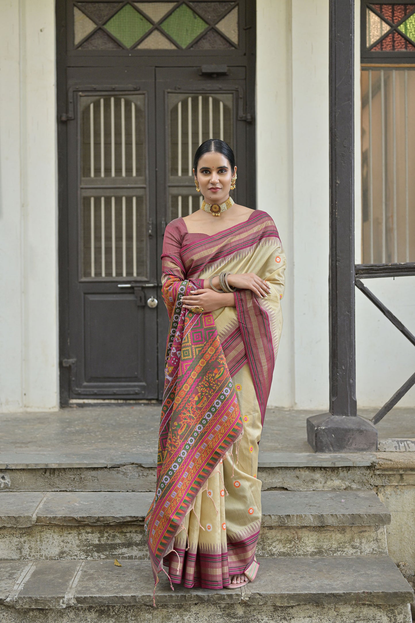 Chiku Handloom Raw Silk Meenakari woven Saree