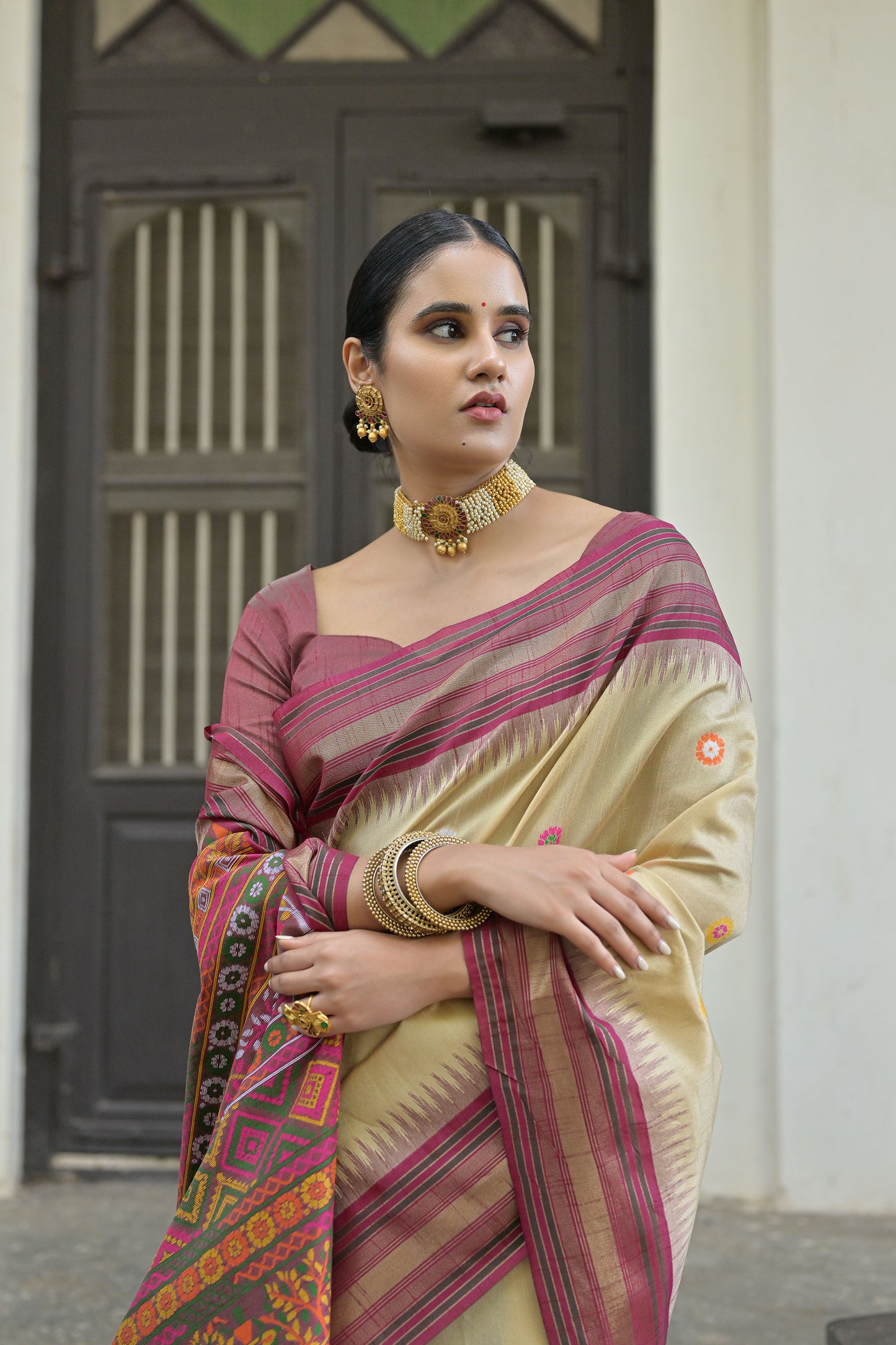 Chiku Handloom Raw Silk Meenakari woven Saree