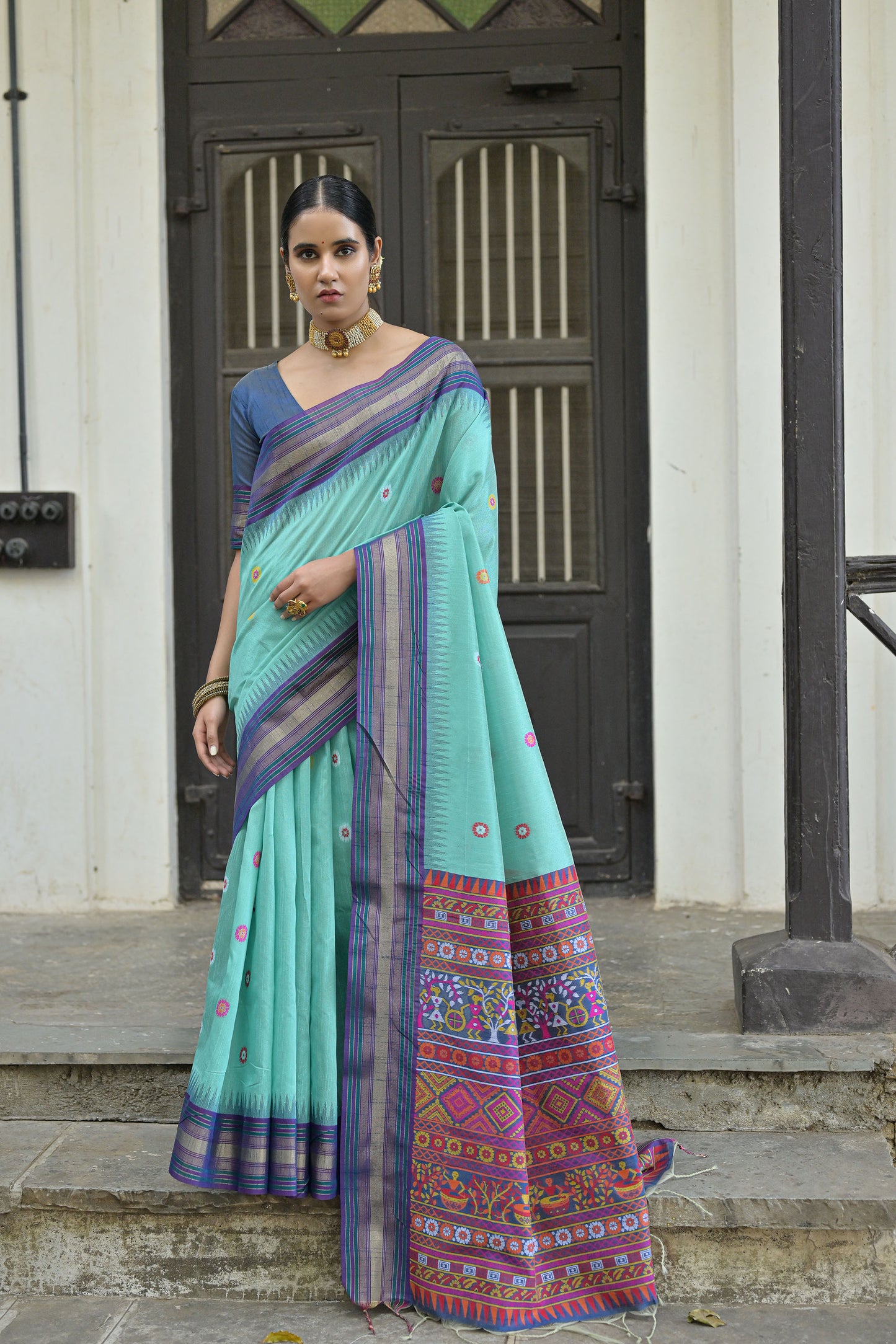 Firozi Handloom Raw Silk Meenakari woven Saree