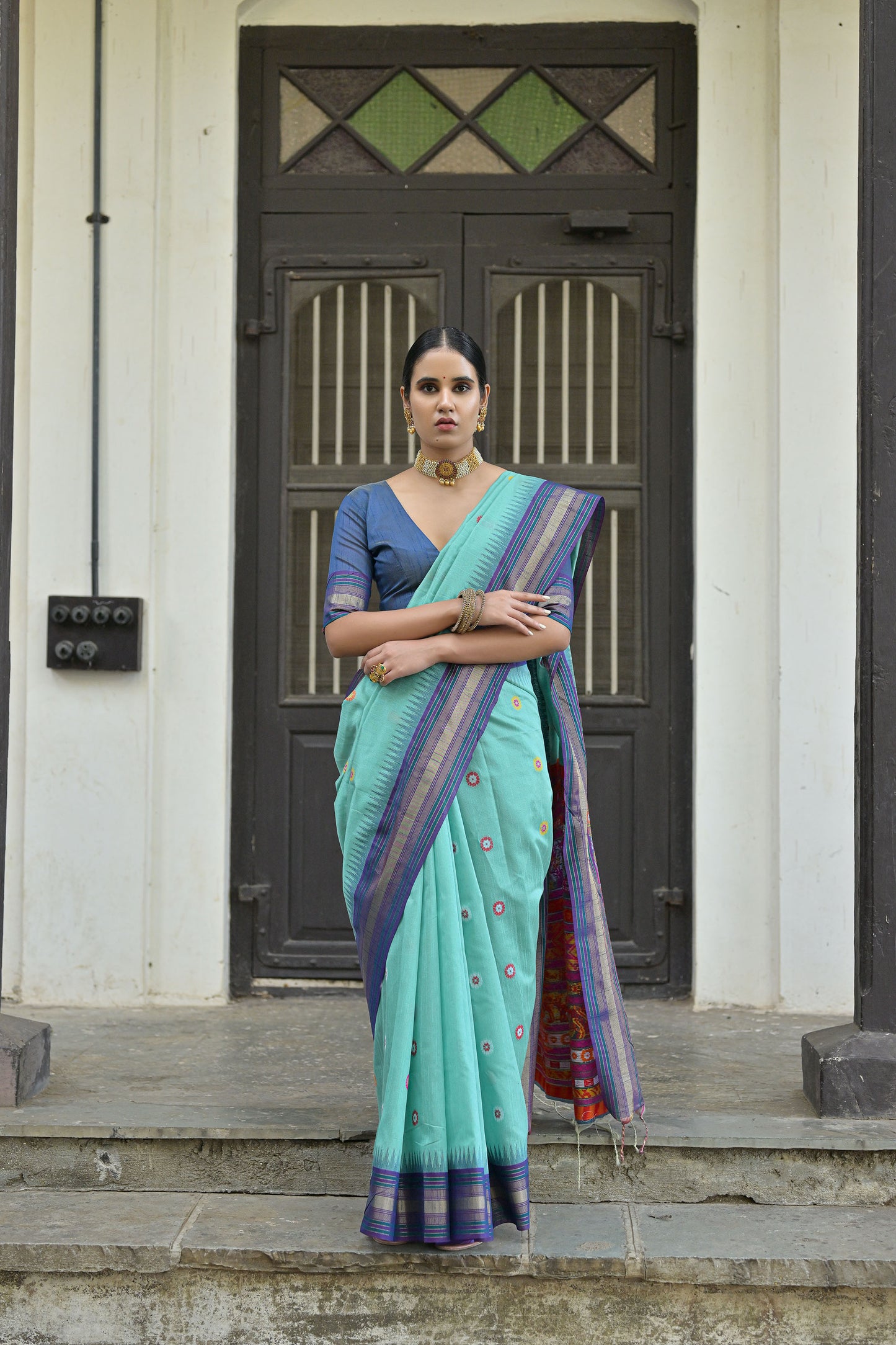 Firozi Handloom Raw Silk Meenakari woven Saree