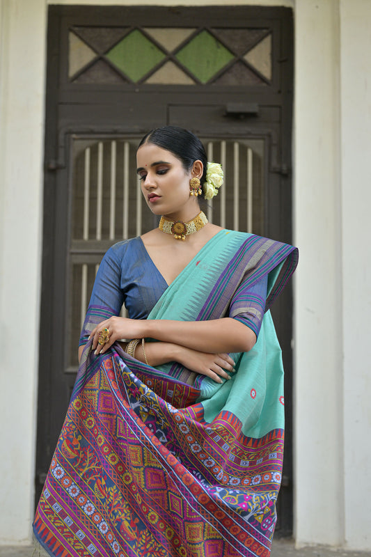 Firozi Handloom Raw Silk Meenakari woven Saree