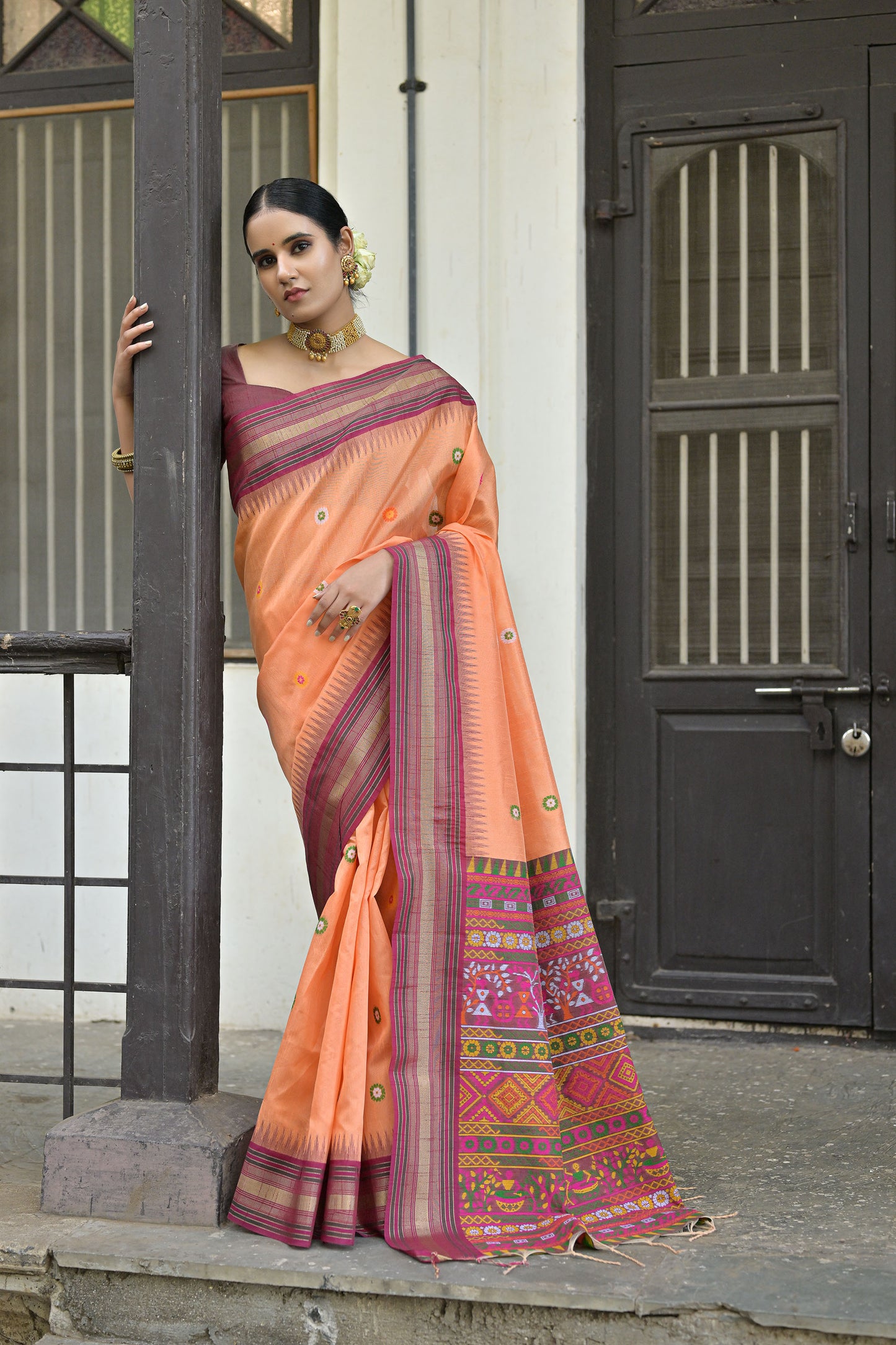 Orange Handloom Raw Silk Meenakari woven Saree