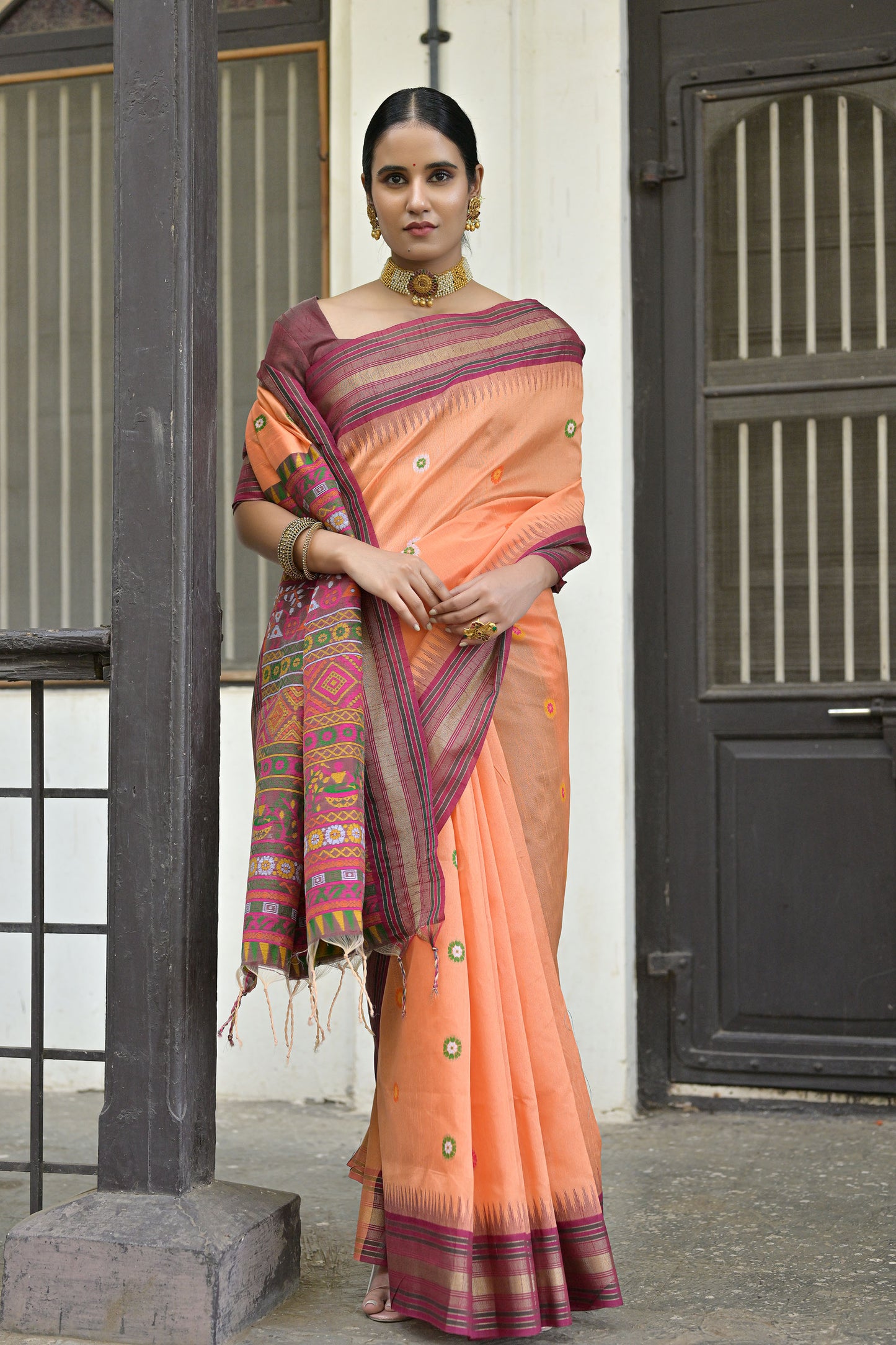 Orange Handloom Raw Silk Meenakari woven Saree