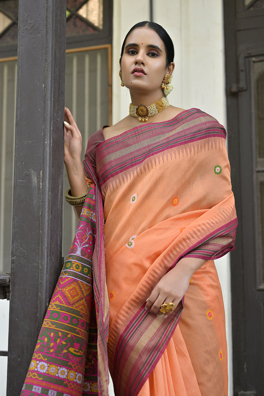 Orange Handloom Raw Silk Meenakari woven Saree