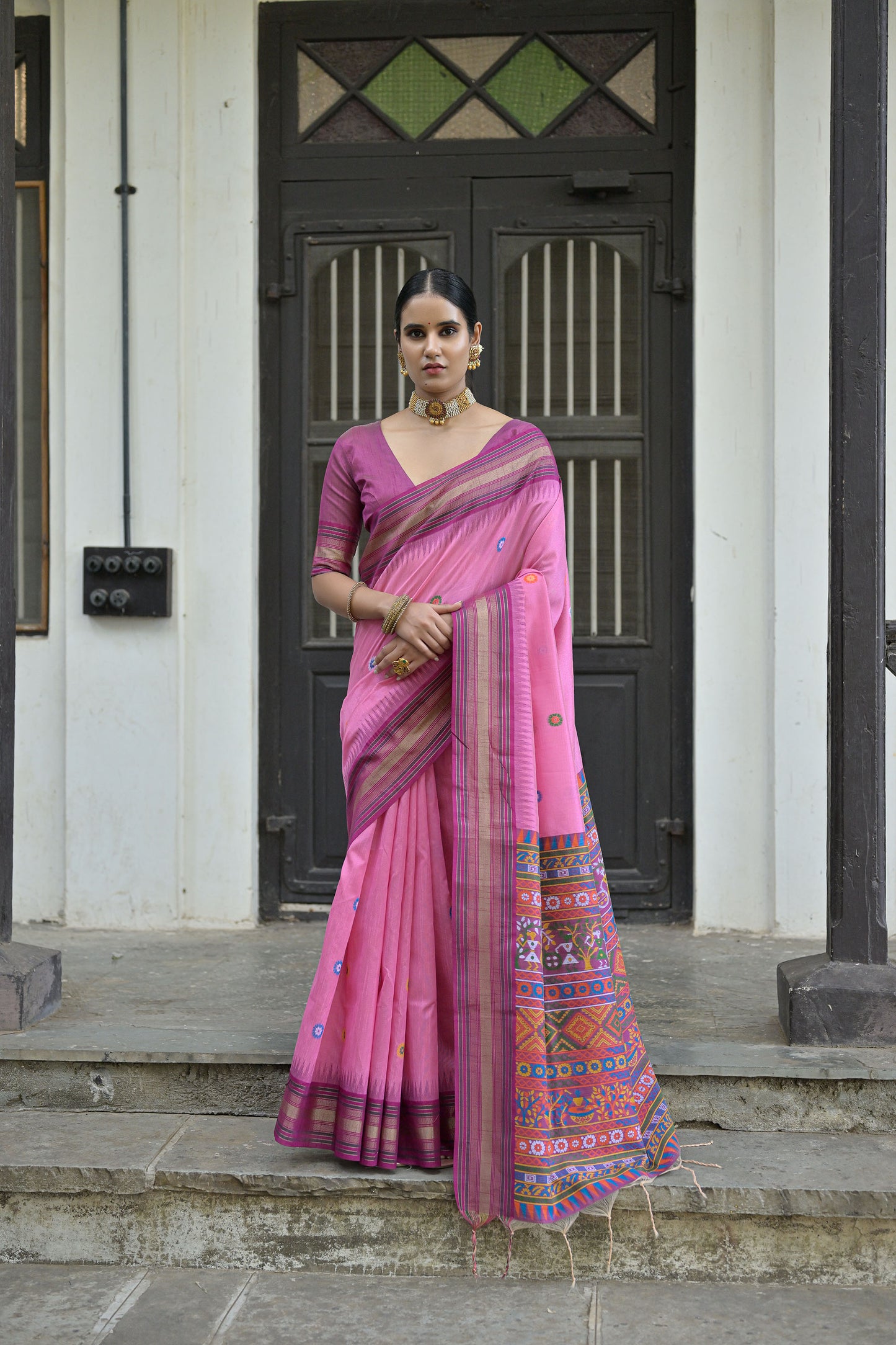 Pink Handloom Raw Silk Meenakari woven Saree