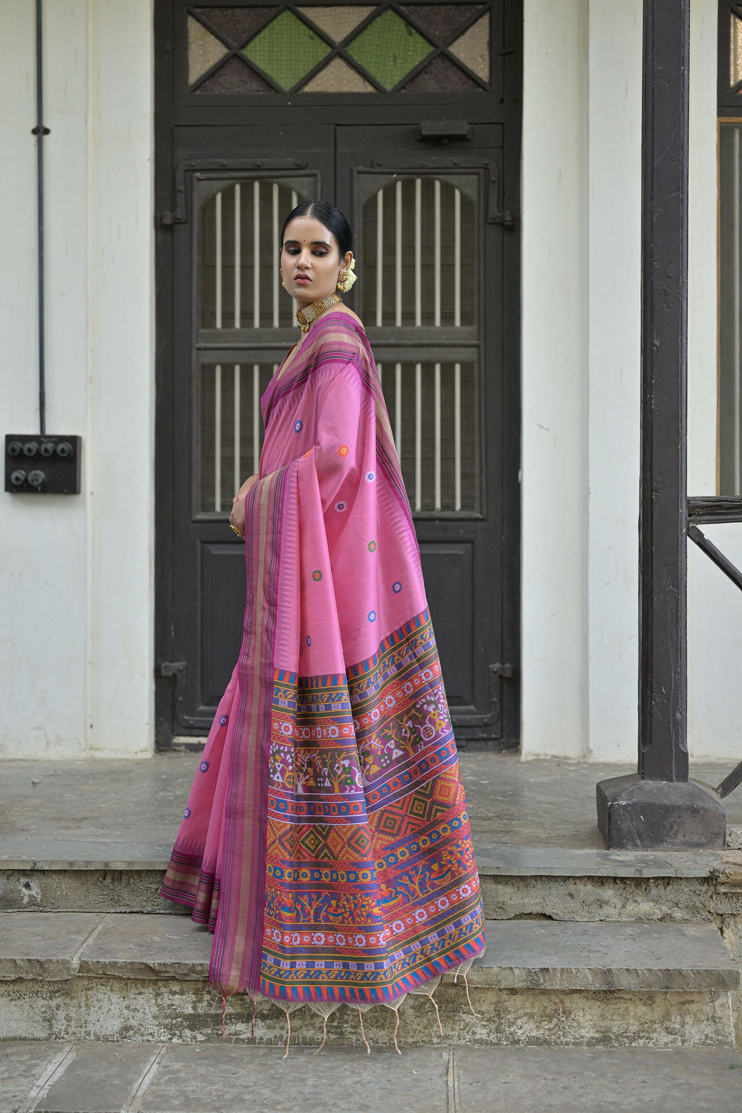 Pink Handloom Raw Silk Meenakari woven Saree