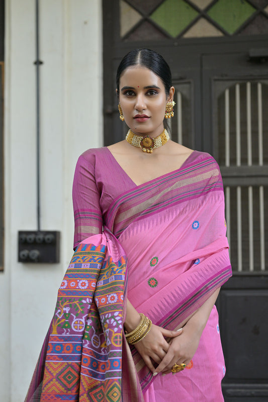 Pink Handloom Raw Silk Meenakari woven Saree