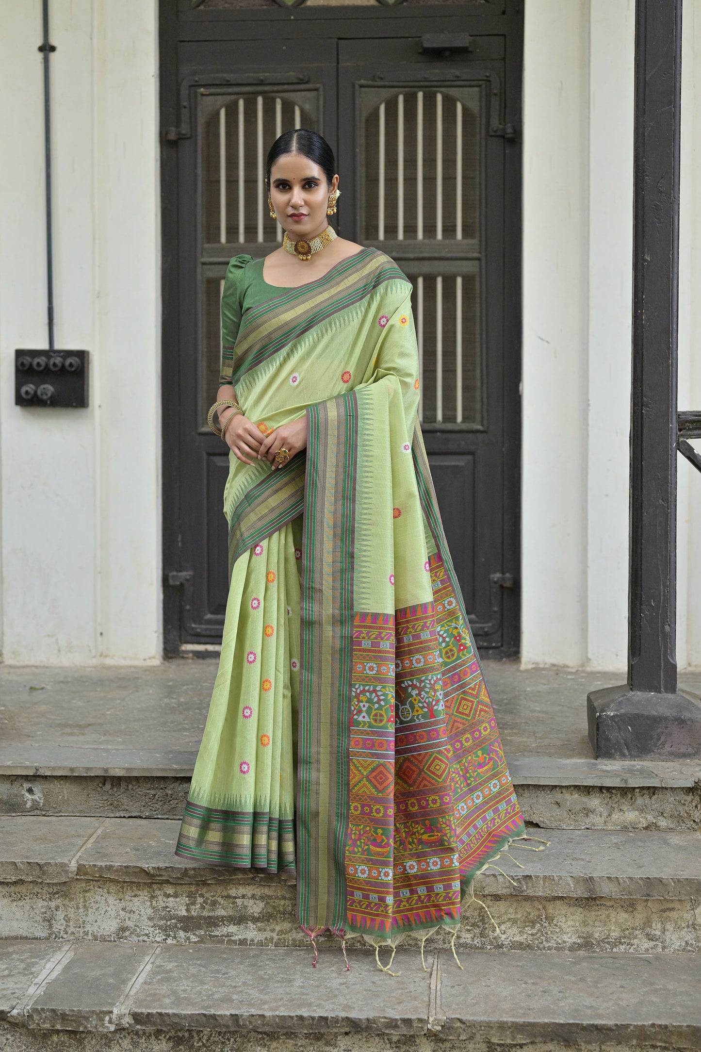 Pista Handloom Raw Silk Meenakari woven Saree