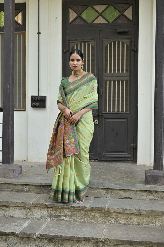 Pista Handloom Raw Silk Meenakari woven Saree